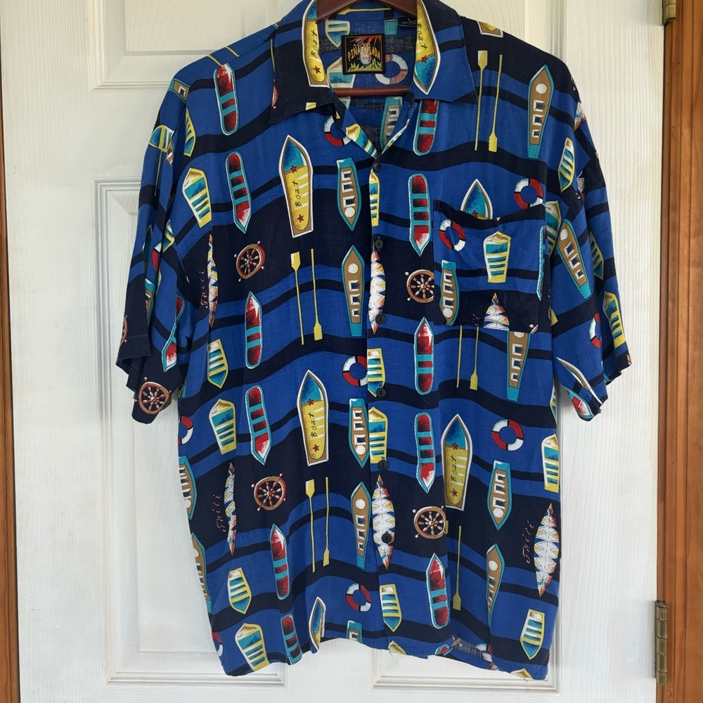 Vintage Pina Colada by Ringo button up shirt Size L Blue Boat Graphics